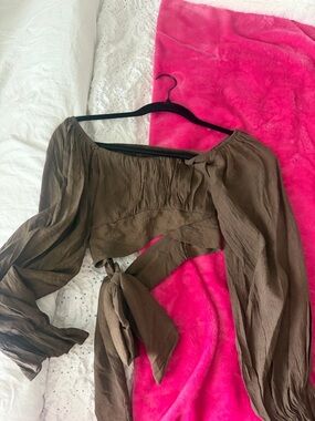 Brown Long Sleeve Wrap Crop Top - Women's Stylish Tie Front